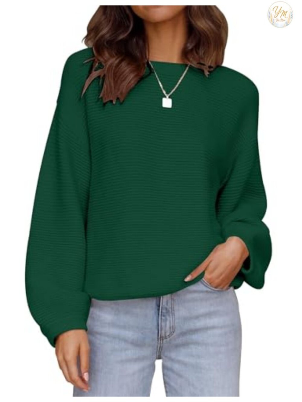 Long Sleeve Knit Pullover Sweater Oversized Boat Neck Lantern Sleeve Fall Winter